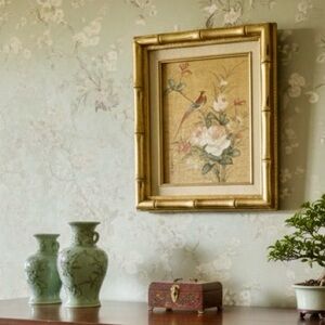 Vintage Original Signed Asian Floral Bird Botanical Watercolor Painting on Cork